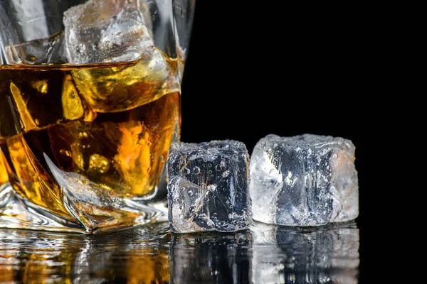 Glass Whiskey Other Alcohol Cube Ice Black Background — Stock Photo, Image