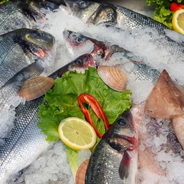 Donmuş balık ve deniz ürünleri pazarda buzda