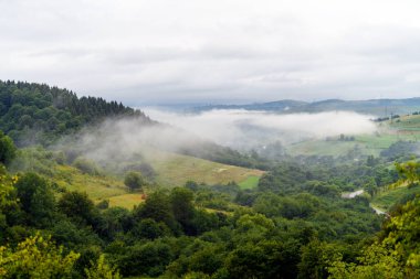 Güzel sis ve bulut dağlarının sisli manzarası. Rai 'den sonraki yaz.