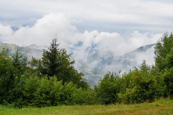 Vista Maestosa Bellissime Montagne Nebbia Nuvole Paesaggio Nebbioso Ora Legale — Foto Stock