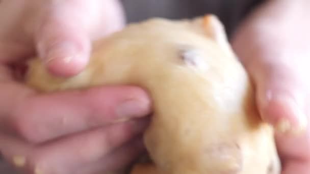As mãos de mulheres amassam a massa de farinha com frutos encandilados de um bolo de Easter tradicional, câmera lenta, close-up — Vídeo de Stock