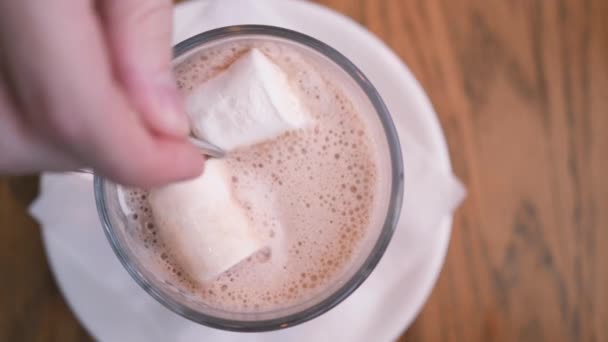 Cacao con marshmallow mescolare in una tazza, 4K — Video Stock