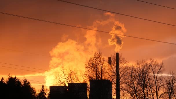 Ånga och rök från rör av fungerande kraftverk stiger upp i solnedgången ljus. Slowmotion shoting i 4k — Stockvideo