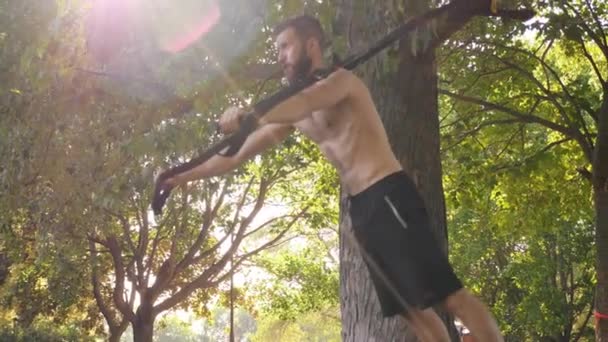 Skäggiga muskulös man gör träning övningar på fitness loopar nära ett träd. 4 k långsamma mo linsen flare effekt film — Stockvideo