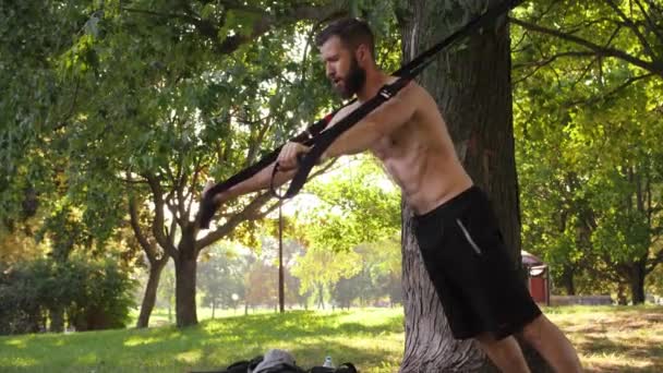 Бородатый молодой мускулистый человек делает тренировки с фитнес-петель возле дерева. Отснятый крупным планом снимок замедленной съемки 4К — стоковое видео