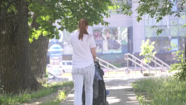 Jonge moeder weg verplaatsen met de kinderwagen te duwen. 4 k slow mo — Stockvideo