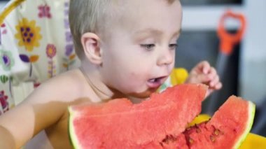 Güzel erkek bebek mutfakta çocuk masasında oturuyor ve bir parça karpuz yiyor. Sonra kameraya bakıyor. Yavaş çekim videosu 4K 'de.