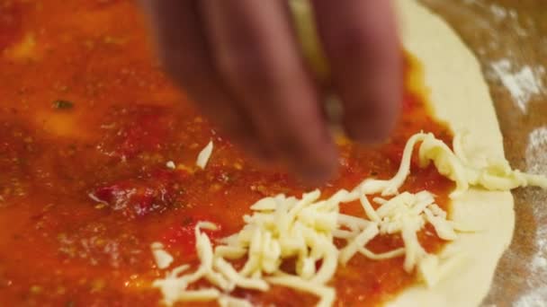 Pizza koken. Chef zet kaas en basilicum op de basis van de pizza ingevet met tomatenpasta. Een man of vrouw is bezig met het thuis zaken maken van een heerlijke pizza — Stockvideo