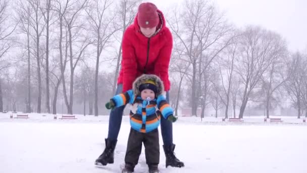 Jovem mãe com um lindo bebê estão andando em um parque de inverno em tempo nevado. Família feliz — Vídeo de Stock