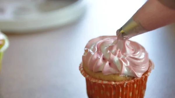 Dekorera cup-kaka med grädde. Använda matlagning väska, konditorn att göra multicolor cupcakes för fest. Skott av kvinnans händer att sätta smörkräm på de läckra kakorna, hem bagerikoncept — Stockfoto