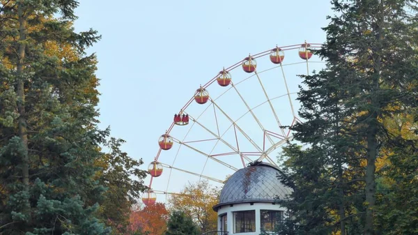 Rueda de la fortuna gira en un parque en el observatorio de techo en primer plano — Foto de Stock