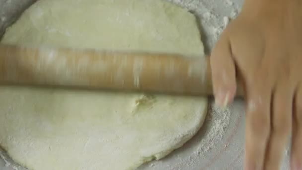 Femme ou hommes dérouler la pâte avec rouleau à pâtisserie. Un homme ou une femme est engagé dans des affaires à la maison — Video