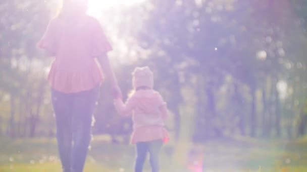 어머니와 그녀의 아기 소녀는 일몰에 공원에서 걷고 있으며, 잔디 밝은 태양을 가로 질러 가는 딸을 안고있는 엄마는 민들레 밭에서 가족에게 빛나고 있습니다. 4k의 행복한 가족 생활 컨셉 — 비디오