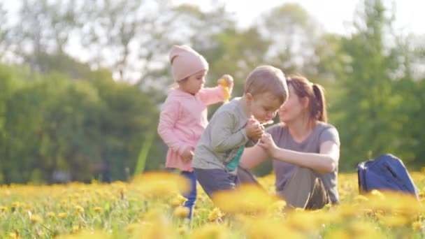 若い母親は明るい晴れた春の日に市立公園で子供たちと遊んでいます。小さな息子とかわいい娘は石鹸の泡を吹こうとしており、女性はそれらを助けます。幸せな子育てコンセプト — ストック動画