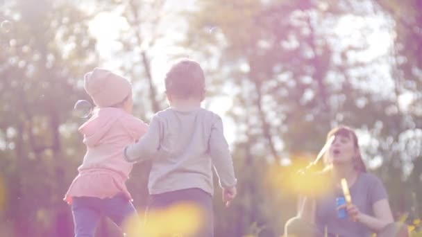 Jonge vrouw speelt met haar kinderen door zeepbellen te blazen en haar kleine zoon en schattige dochter vangen het op een heldere zonnige lentedag. Gelukkig ouderschap concept in slow motion 4k-video — Stockvideo