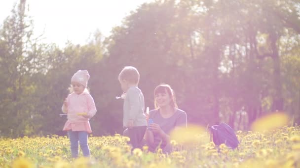 Mladá krásná žena a její dcera a syn si spolu v parku hrají za slunečného jarního dne, když v pomalém pohybu profouká mýdlové bubliny 4k světlé sluneční paprsky — Stock video