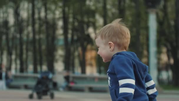 Un chico con mamá jugando a ponerse al día en el parque. Cuidado de los padres, amor de los padres — Vídeos de Stock