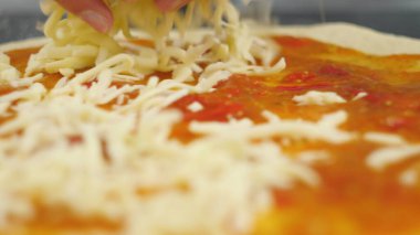 Bir erkek ya da kadın lezzetli bir pizza hazırlamakla meşgul. Pizza pişiriyorum..