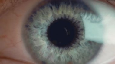 İnsanların ışığa maruz kaldıklarında mavi iris ve büyük siyah göz bebeğiyle gözlerini açtıkları ekstra makro çekim. Sağlıklı görme ve görme sorunları kavramı. Yavaş çekim ön görünümü 4K ile videoyu kapat.
