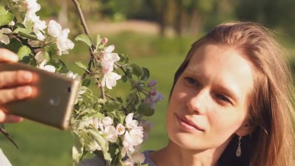 美しい少女が花の木を背景に自撮りをする。ソーシャルネットワークとinstangramの写真 — ストック動画