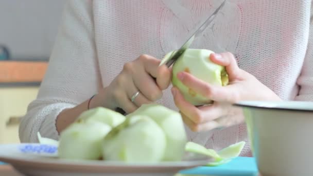 En kvinde skrællede et æble på en tallerken. Del 2. Kvinde rydder bordet. – Stock-video