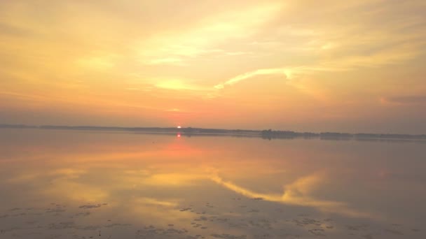 Pokryta wodą powierzchnia jeziora o zachodzie słońca. Złote odbicia na powierzchni wody o wschodzie słońca, wideo z powietrza, punkt widzenia drona, dron przelatujący nad powierzchnią jeziora, zbliżenie — Wideo stockowe