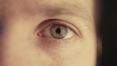 İnsan gözü, adam bakar ve göz kırpar. makro göz irisi. Yeşil bir göze yaklaş.