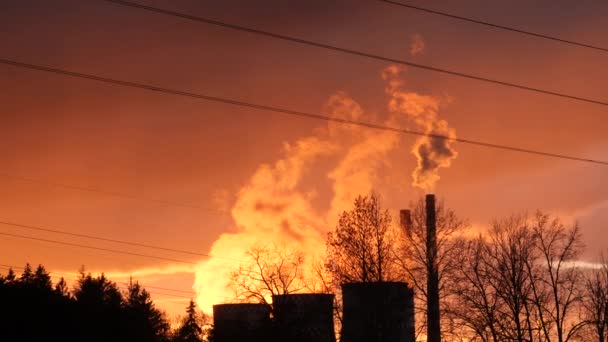 Am Sonnenuntergang. Rauch quillt aus den Rohren des Wärmekraftwerks. Industriegebiet. Luftverschmutzung, Treibhauseffekt, Umweltschutz — Stockvideo