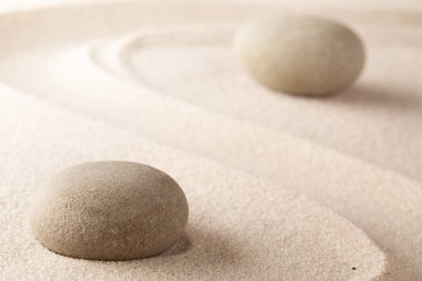 Yoga ya da Japon zen bahçesinin sağlık geçmişi. Konsantrasyon için yuvarlak bir taş ahenk ve saflığı temsil eder.