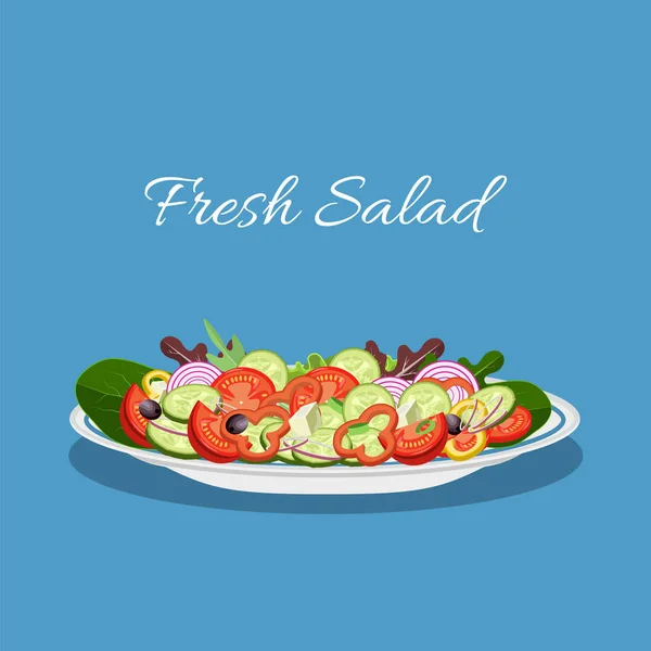 Πιάτο σαλάτας με φρέσκα λαχανικά και πράσινα φύλλα — Διανυσματικό Αρχείο