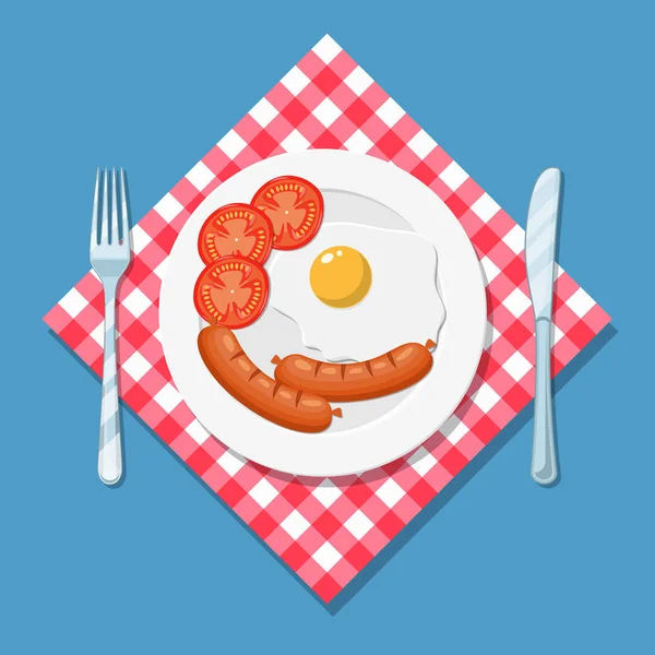 Πρωινό, πιάτο με τηγανητό αυγό και λουκάνικο. — Διανυσματικό Αρχείο