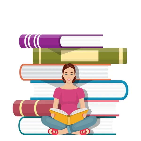 Mujer joven sentada en la pila de libros — Vector de stock