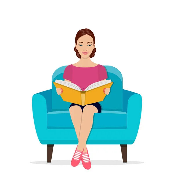 Jovem mulher lendo livro na cadeira em casa —  Vetores de Stock