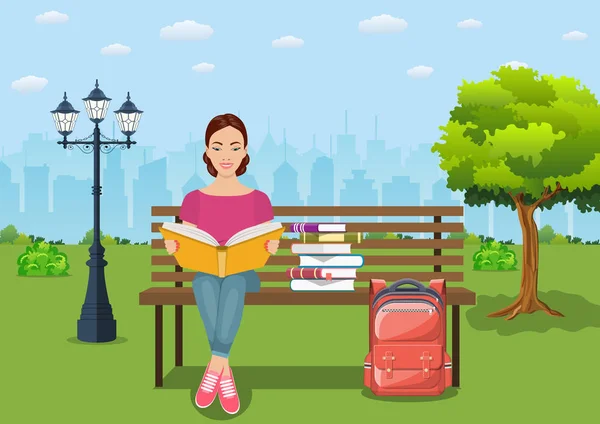 Mujer joven leyendo libros — Vector de stock