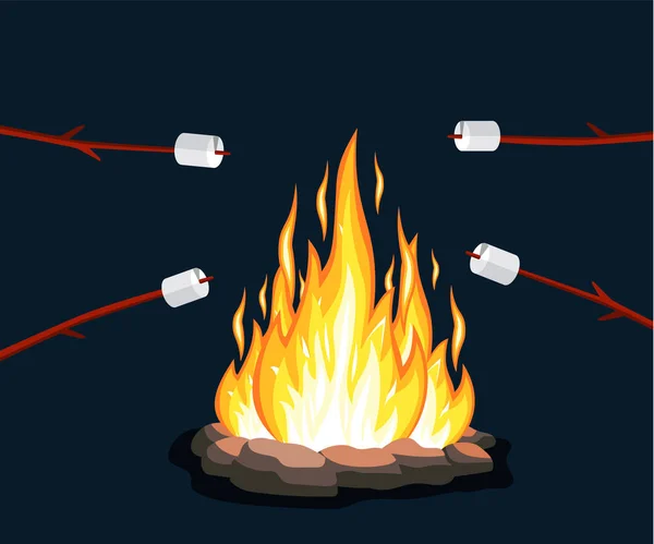 Vreugdevuur met marshmallow, steen, — Stockvector