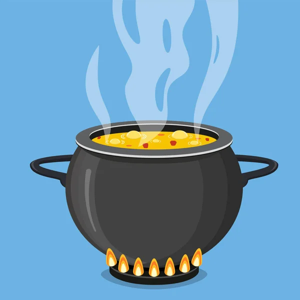 Matlagning soppa i stekpanna. Gryta på spisen med ånga — Stock vektor