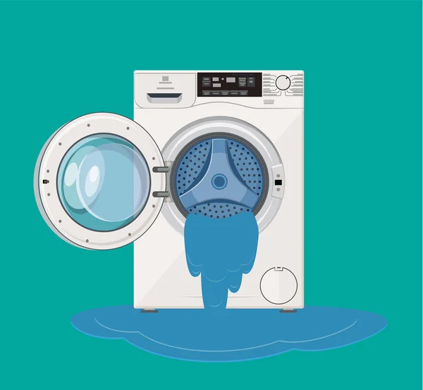 Máquina de lavar roupa partida a partir da qual a água flui. Chamando o mestre — Vetor de Stock