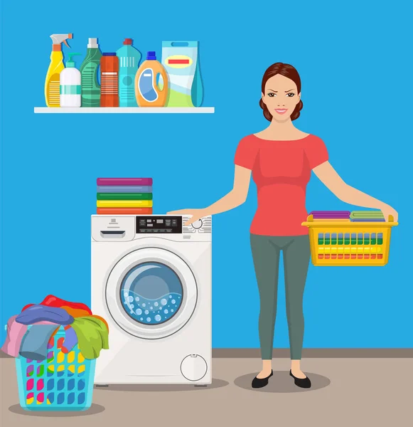 Mujer ama de casa lava ropa — Vector de stock