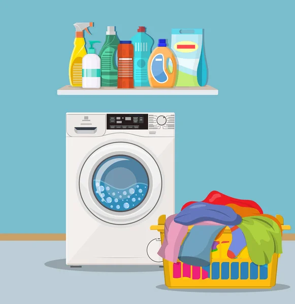 Lavandaria com máquina de lavar roupa — Vetor de Stock