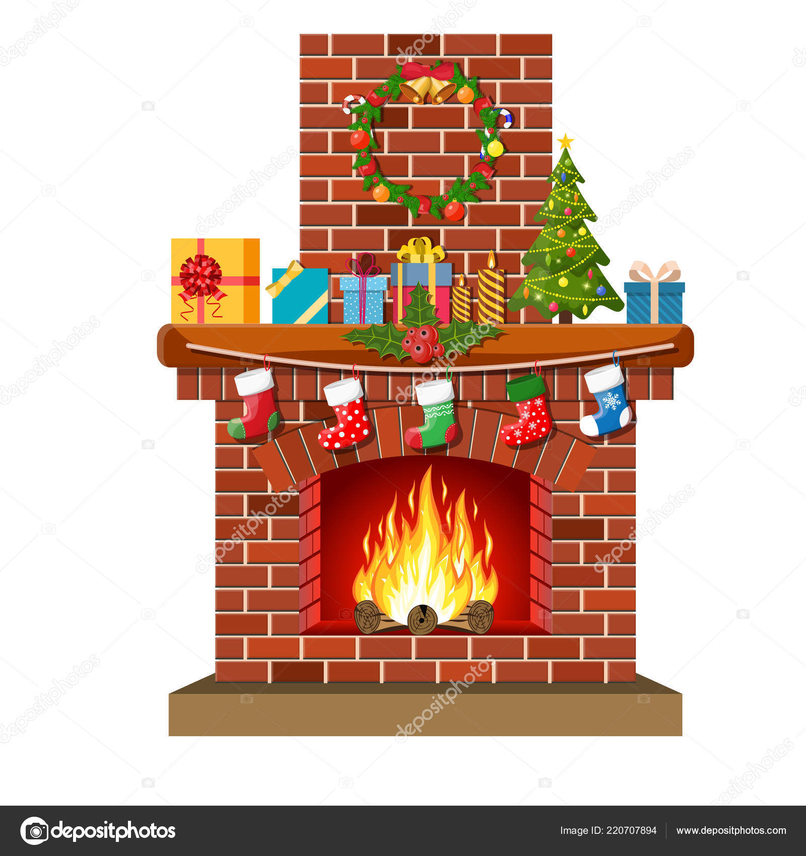 Christmas Red Brick Classic Fireplace Stock Vector C Drogatnev