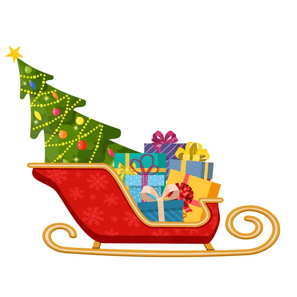 Santa Claus trenó com presentes e árvore de Natal —  Vetores de Stock