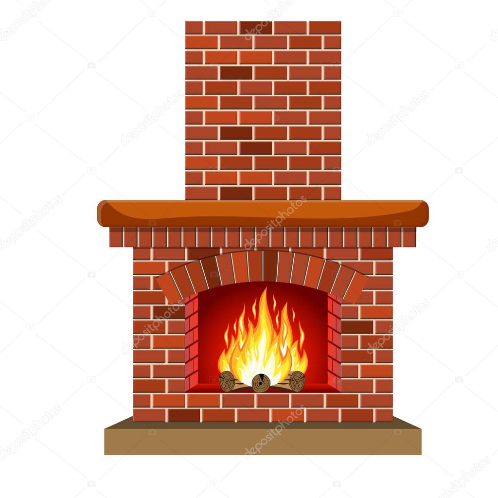 Winter interior bonfire. Fireplace made of bricks