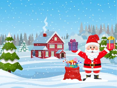 Bir evde bir karlı Noel manzara. Noel ağacı ve Noel Baba hediye çanta ile. kavram tebrik veya posta kartı için. Neşeli Noel tatili. Yeni yıl ve xmas kutlama.