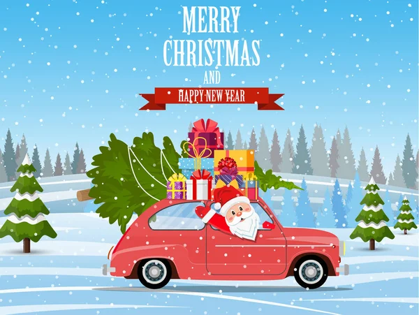 Retro car with Christmas tree — Stock Vector