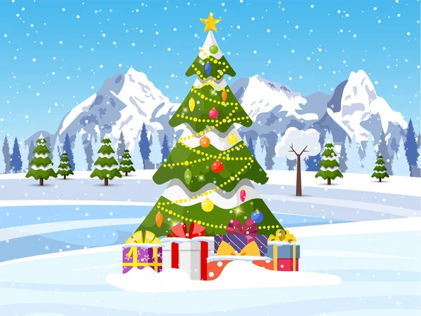 Fondo de paisaje navideño con nieve y árbol — Archivo Imágenes Vectoriales