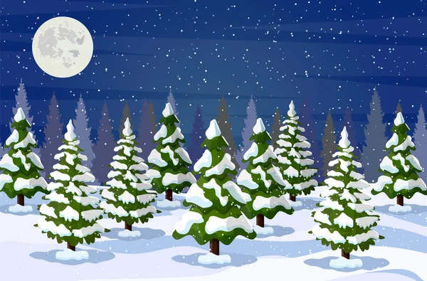 Winterlandschap met white pine bomen in sneeuw — Stockvector