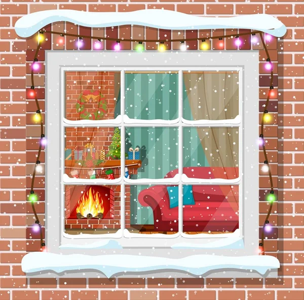 Christmas window in brick wall. — Stock Vector