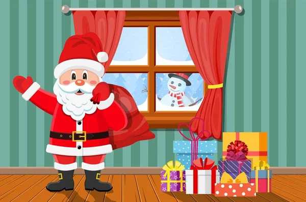 산타 크리스마스 트리와 선물 방에. — 스톡 벡터
