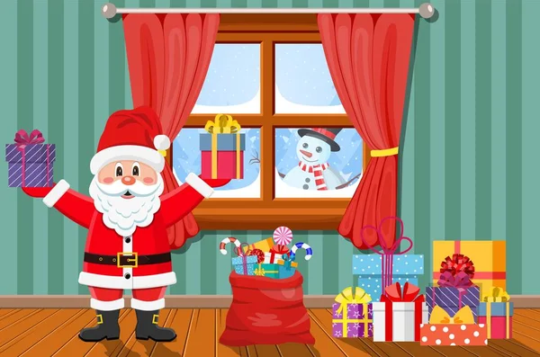 Santa en la habitación con árbol de Navidad y regalos . — Vector de stock