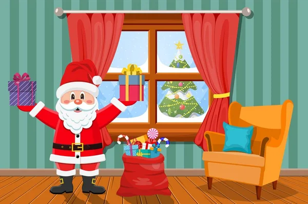 圣诞老人在房间里与礼物. — 图库矢量图片